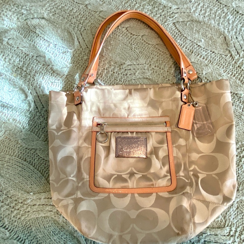 Coach Beige Signature Tote with Tan Leather Handles and Trim